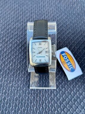 Fossil PR5325 Women’s Watch NWT Square Dial Black Leather Strap Date Silver Tone